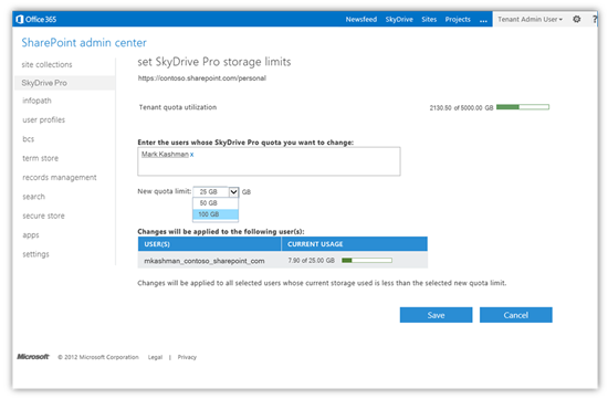 Explican los responsables de Microsoft que los administradores de SharePoint Online puede aumentar el espacio de almacenamiento SkyDrive Pro de 25 GB a 50 GB y 100 GB.