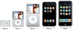 Variedad de iPods: Touch de gama alta y similar en aspecto al iPhone, Nano de gama media y el más pequeño, el iPod Shuffle. 