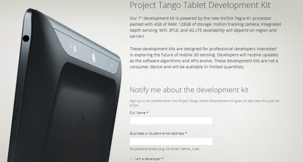 Anuncio de su tableta basada en el Proyecto Tango en el portal web oficial de Google